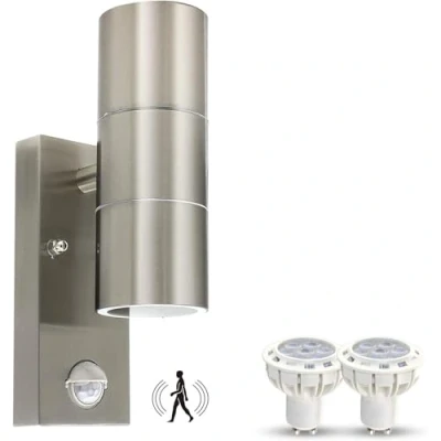 Imagen de HiBay Aplique Pared Exterior/Interior LED con Sensor de Movimiento,2x7W GU10 IP44 Blanco Cálido,Lámpara Arriba Abajo Acero Inoxidable Incluye 2 Focos