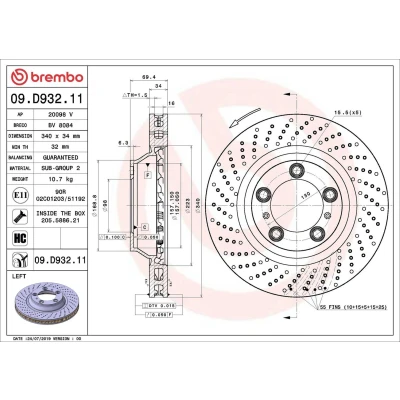 Imagen de BREMBO 09.D932.11 Disco de freno 340 34 5 perforado/ventil. int. revestido altamente carbonizado con tornillos PORSCHE: 911 Targa, Coupé