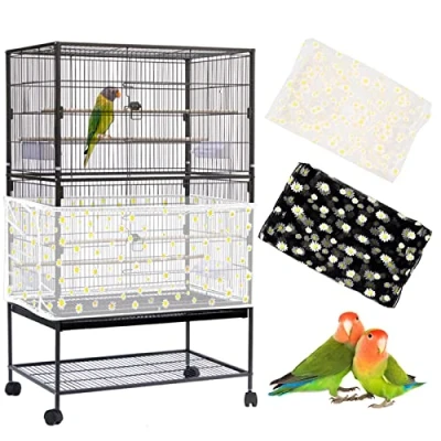 Imagen de 2 fundas grandes para jaula de pájaros, atrapador semillas, red malla nailon suave ajustable con patrón margaritas, cubierta protector semillas loros,