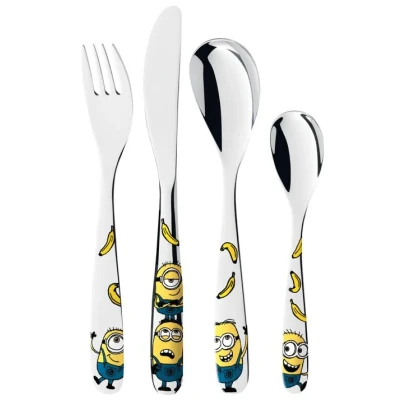 Imagen de WMF 1286076040 Minions, Cubertería para niños, 4 piezas (Tenedor, Cuchillo de mesa, cuchara y pequeña)