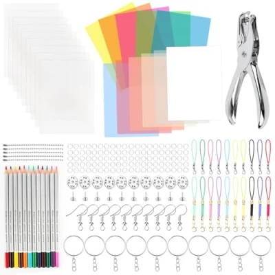 Imagen de MXTIMWAN Kit Hojas de Plástico Termocontraíble Incluye Papel Película Retráctil, Perforadora, Lápiz, Llaveros, Plastico Magico Transparente para Niños, Manualidades Creativas DIY (188 PCS)