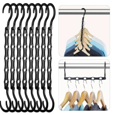 Imagen de HOUSE DAY Perchas mágicas para Ahorrar Espacio, de plástico Resistente, con 5 Agujeros Ropa Pesada, 8 Unidades, Color Negro