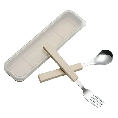 Imagen de VANRA Juego de Cubiertos para Niños 2 Piezas Acero Inoxidable 18/10 Tenedor y Cuchara con Estuche Viaje (crema)