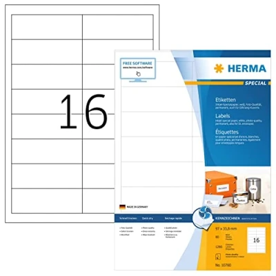 Imagen de HERMA 10780 Etiquetas de dirección para impresora inyección tinta, 80 hojas, 97 x 33,8 mm, 16 hojas por A4, 1280 unidades, autoadhesivas, imprimibles, mate, en blanco,