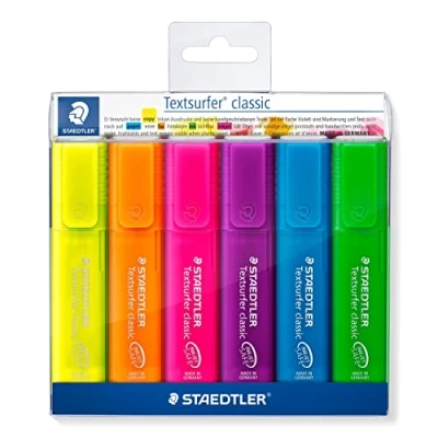 Imagen de Colores del arco iris clásicos Staedtler TEXTSURFER 364 P WP6 Color soriert Pack de 6 rotuladores en suave caja plástico