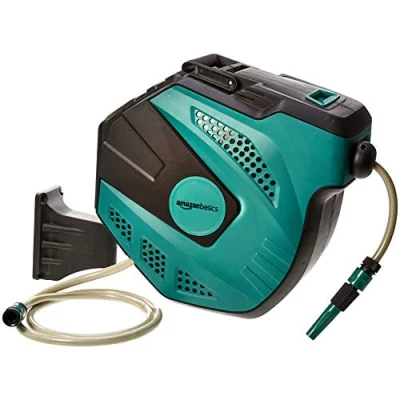 Imagen de Amazon Basics Enrollador automático de manguera para pared, Verde, 35 m
