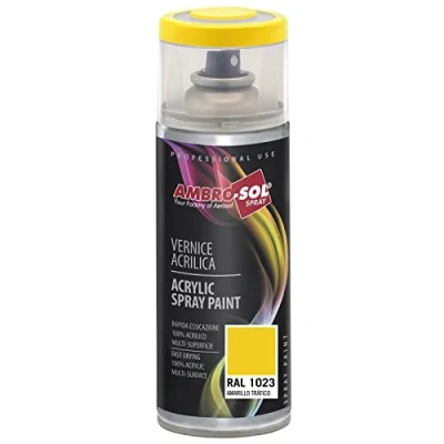 Imagen de AMBRO SOL Pintura acrílica en spray, color Amarillo Tráfico, RAL 1023, resultado profesional múltiples superficies, exteriores e interiores, 400 ml