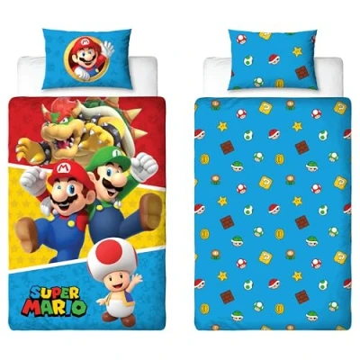 Imagen de Nintendo Super Mario Juego de Funda edredón para Cama Individual, diseño divisiones, Reversible 2 Caras, Producto Oficial con Almohada a Juego,