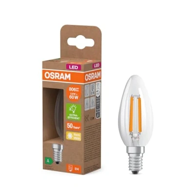 Imagen de OSRAM Energy Class en forma clásica de mini vela, 3,8 W / 806 lm, EEK A, luz blanca cálida (2700 K), CRI 80, vidrio transparente sin plomo, casquillo E14, IP20, 35 mm DM, paquete 6 unidades