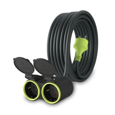 Imagen de MutecPower 10m Cable alargador de corriente con 2 enchufes Schuko para uso Exterior IP44 H05RR F3G 1,5mm² alargo doble tomas Protección Infantil Goma 10 metros negro/verde