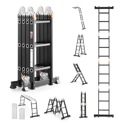 Imagen de VEVOR Escalera Plegable Multiusos, Extensible Alta 7 en 1, Estructura A de 3 Escalones con Tablones Andamio, Capacidad 149,7 kg para el Hogar y Exterior, 1170 x 608 1730 mm