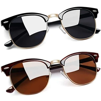 Imagen de Joopin Gafas de Sol Hombre Polarizadas Medio Marco Clásico Retro Mujer UV400 para Protección Conducción Deportes Golf 2PCS Negro Brillante+marrón