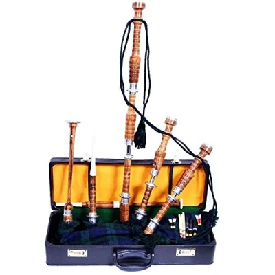 Imagen de Gaita escocesa de palisandro color natural con soportes plateados lisos en caja dura, libro tutor, dron, cañas (reloj negro)
