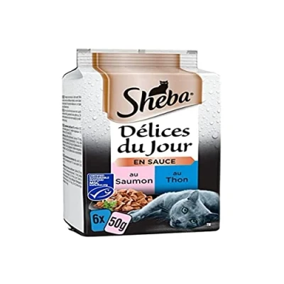 Imagen de Sheba Delices du Jour Comida húmeda para Gatos Adultos selección de salmón y atún MSC en Salsa Bolsas Frescas, 72 x 50 g