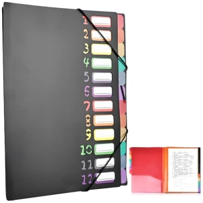 Imagen de Delamiya Carpeta archivadora A4, portátil, con 12 compartimentos, de plástico PP, elástico, impermeable, para la escuela, suministros oficina (negro)