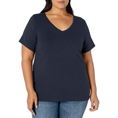 Imagen de Amazon Essentials Camiseta de manga corta y cuello en pico (disponible tallas grandes) Mujer, Azul Marino, XL Grande