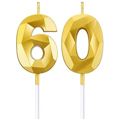 Imagen de Velas de Número Cumpleaños 60 Pastel en Forma Diamante 3D Topper Decoración Torta para Celebración Aniversario Bodas Cumpleaños, Oro