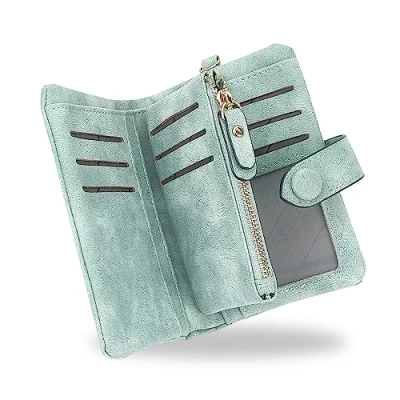 Imagen de conisy Cartera Mujer Pequeña con protección RFID, Gran Capacidad Corta Monedero de Suave Cuero Correas Muñeca (Verde Claro)