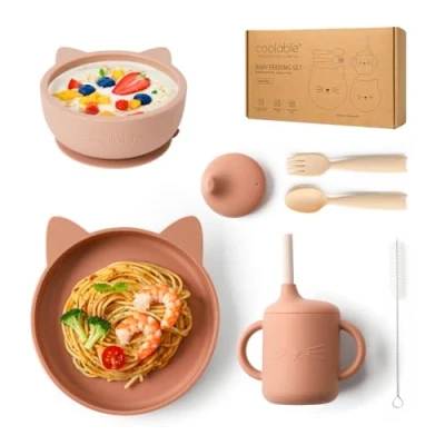 Imagen de COOLABLE Vajilla de Silicona para Bebés, 7 piezas Plato con Ventosa,Cuenco,Vaso Entrenamiento, Tenedor y Cuchara,Set Platos Bebe En Caja Regalar Rosa Desgastado