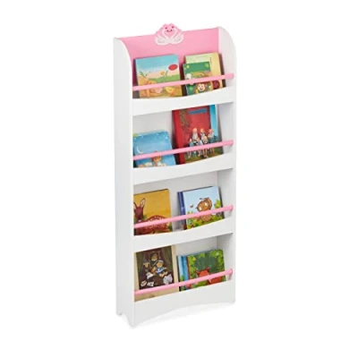 Imagen de Relaxdays Librería Infantil, 124x50,5x15 cm, Estantería Libros con 4 Compartimentos, MDF, Diseño Cisnes, Blanca y Rosa, Tablero de Fibras