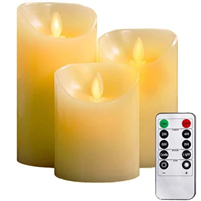 Imagen de YIWER LED Velas sin llama Φ 8CM x H 10cm/12CM/15CM Juego de 3 pilas cera real no plástico 10 teclas con 2/4/6/8 horas Función del temporizador 300+ (3x1, marfil)