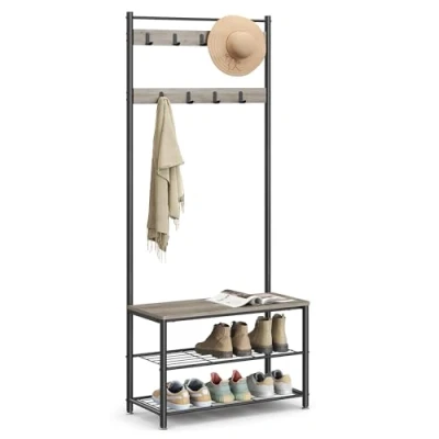 Imagen de VASAGLE Perchero con estante para zapatos, mueble de entrada banco, 3 en 1, marco acero, y pasillo, 32 x 70 175 cm, estilo industrial, crudo negro HSR41MB