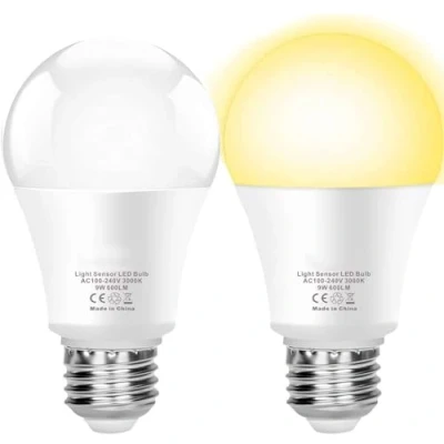 Imagen de Boxlood Bombillas Sensor Crepuscular, LED Sensor, 9W E27 Auto Encendido/Apagado, Lámpara de Lluminación Exterior/Interior, Para Camino Jardín Pasillo, Blanco Cálido 3000K, 2 Unidades