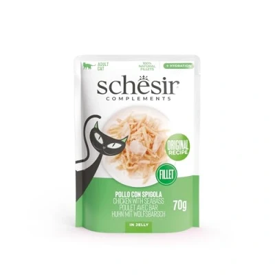 Imagen de Schesir, Filetes de Pollo con Lubina en Gelatina, Comida Húmeda Complementaria para Gatos, Bolsas, Receta Original, 100% Natural, 12 x 70g