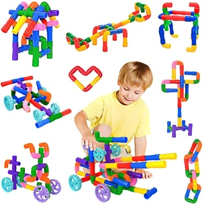 Imagen de SIENIANLINE Juguete de Bloques Construcción Tuberías, 96 Piezas Juegos Cerraduras Stem Creativos ensamblaje con Ruedas Kit Educativo Sensorial Enclavamiento