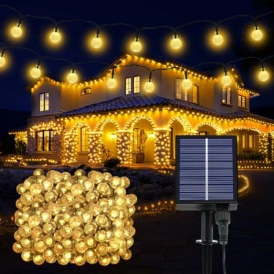 Imagen de Realky Guirnaldas Luces Exterior Solar, 200 LED 8 Modos Guirnalda Solares con Función de Memoria, IP65 Impermeable 27M Cadena Luz Solar para Jardín, Patio, Navidad, Fiesta (Blanco Cálido)