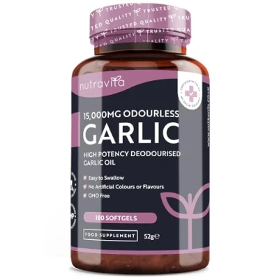 Imagen de Ajo Cápsulas Sin Olor Dosis Alta 15,000mg 180 Perlas para Suministro 6 Meses Extracto de Aceite Fuente Alicina Suplemento Alimenticio Aditivos Fabricado por Nutravita