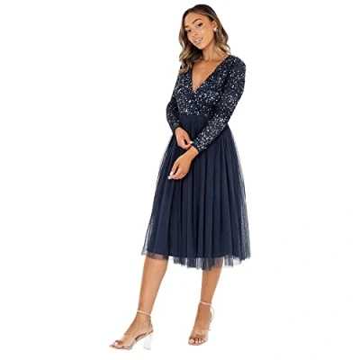 Imagen de Maya Deluxe Vestido Midi Adornado con La Parte Delantera de Deformación Falsa Dama Honor, Azul Marino, 48 para Mujer