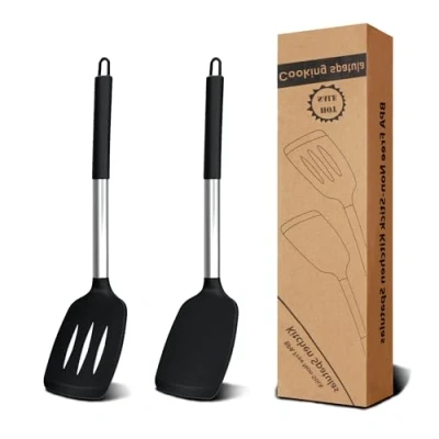 Imagen de espátula de silicona, juego 2 utensilios cocina resistente al calor, plástico sin BPA, color negro, antiadherente para cocinar