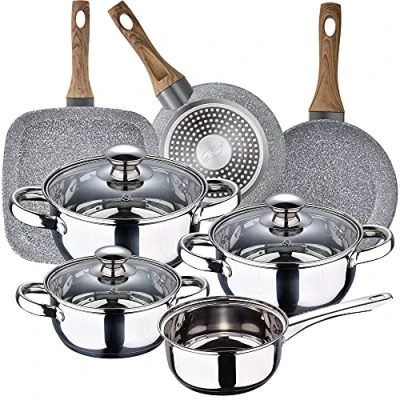 Imagen de Bateria de cocina 7 piezas SAN IGNACIO Faro, acero inoxidable, con juego sartenes (18/22 cm) y grill 28x28 cm Daimiel en aluminio forjado