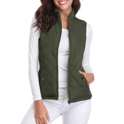 Imagen de fuinloth Chaleco Mujer Acolchado Invierno sin Mangas Chalecos Exteriores Abrigo Ligero con Cremallera ​con Bolsillos Verde S