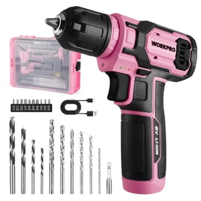 Imagen de WORKPRO Atornillador Inalambrico 8V, Destornillador Eléctrico, Taladro con Velocidades Variables, Recargable, Luz LED, 21pc Accesorios, Rosa