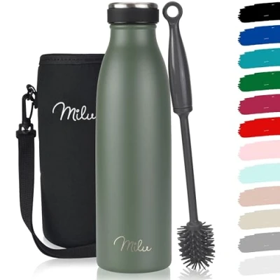Imagen de Milu botella de acero inoxidable 350ml, 500 ml, 750 1000 agua aislada, termo a prueba fugas, apta para ácido carbónico, incluye cepillo limpieza (verde oliva, ml)