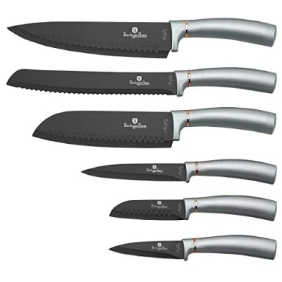 Imagen de Berlinger Haus Moonlight Juego 6 Cuchillos Cocina Profesional, Hoja Acero Inoxidable Recubrimiento Antiadherente, Cocinero, Cebollero, Pan, Santoku, Pelar, Mango Ergonómico, Diseño Elegante (BH 2512)