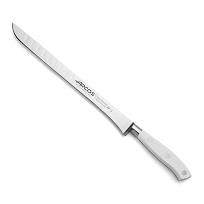 Imagen de Arcos Cuchillo Trinchar/Jamonero Forjado con Hoja Acero Inoxidable 250 mm. Mango Ergonómico Polioximetileno POM. Serie Riviera Blanc. delgada un Borde Suave característico. Color Blanco.