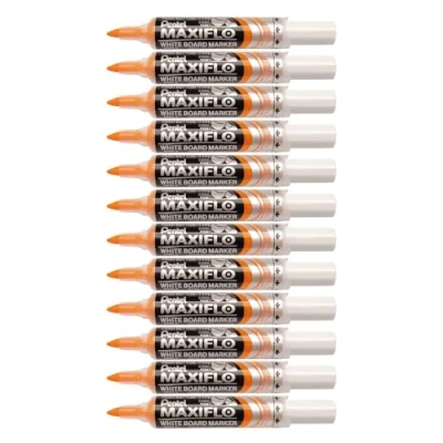 Imagen de Pentel Maxiflo Lote de 12 rotuladores para pizarra blanca punta cuadrada Large tinta líquida, color naranja