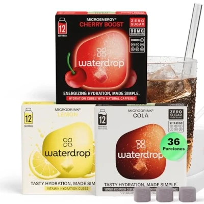 Imagen de waterdrop® Microdrink Mix, 36 Pastillas Saborizantes Para Agua, Bebidas Mix Sabores COLA, LIMÓN, CEREZA.Sin Azúcar, baja en calorías y con vitaminas, Bebida Instantánea, Polvo de Hidratación
