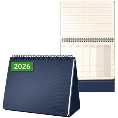 Imagen de SIGEL C2683 Calendario de mesa horizontal 2026, aprox. A5 horizontal, color azul oscuro, tapa dura, 2 páginas = parte inferior mes/parte superior, página notas, 144 páginas, papel
