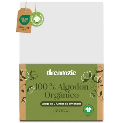 Imagen de Dreamzie Funda de Almohada 50x70 cm Algodón Orgánico Juego 2 100% Blanco Algodon con Cremallera Oeko Tex
