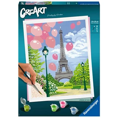 Imagen de Ravensburger CreArt Primavera en París, Kit para Pintar por Números, Contiene una Tabla Preimpresa 24x30 cm, Pincel, Colores y Accesorios, Juego Creativo Relajante Adultos 14+ Años