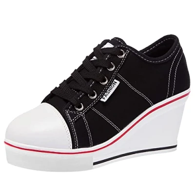 Imagen de ANUFER Mujer Tacón de Cuña con Cordones Lona Zapatos Deportivos Alpargatas SN02435 Negro EU38