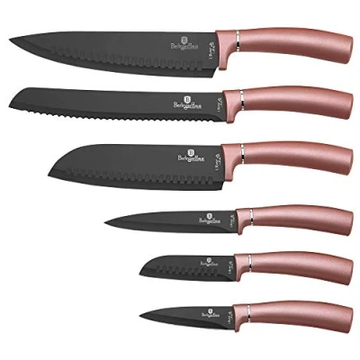 Imagen de Berlinger Haus I Rose Juego 6 Cuchillos Cocina Profesional, Hoja Acero Inoxidable Recubrimiento Antiadherente, Cocinero, Cebollero, Pan, Santoku, Pelar, Mango Ergonómico, Diseño Elegante