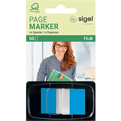 Imagen de SIGEL HN492 Marcapáginas adhesivos, cinta de filme transparente en repartidor Z, funda 50 tiras 43 x 25 mm, Color Tip azul