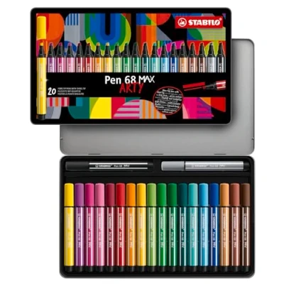 Imagen de STABILO Rotulador Premium punta biselada (1 + 5 mm) Pen 68 MAX ARTY Caja Metálica de 20 Colores Surtidos