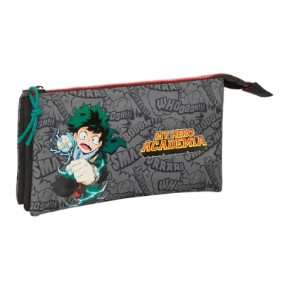 Imagen de MY HERO ACADEMIA Portatodo Triple, Estuche Infantil, Niño, Ideal para Niños en Edad Escolar, Cómodo y Versátil, Calidad Resistencia, 22x3x12 cm, Color Negro