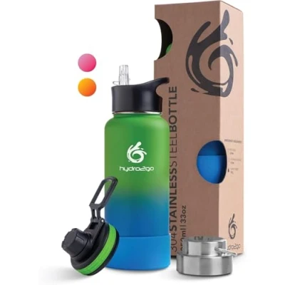 Imagen de Hydro2Go Botella de acero inoxidable 1000 ml / 1 l para deporte, fitness y exterior isotérmica sin BPA + 3 tapones bebida 100% impermeable